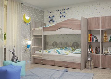 Двухъярусная детская кровать Мая с 2 ящиками на щитах, корпус Шимо светлый, фасад Шимо темный в Белгороде