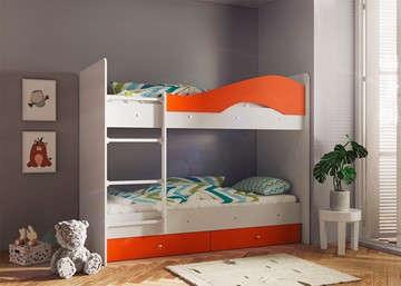 Кровать 2-ярусная Мая с 2 ящиками на щитах, корпус Млечный дуб, фасад Оранжевый в Белгороде
