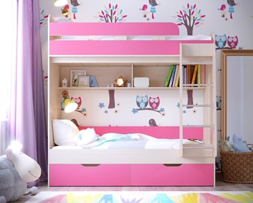 Детская 2-этажная кровать Ярофф Юниор-5, каркас Дуб, фасад Розовый в Старом Осколе