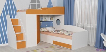 Кровать-чердак детская Кадет-2 с универсальной лестницей, корпус Белое дерево, фасад Оранжевый в Белгороде