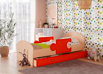 Детская кровать с ящиком и бортиками Мозайка, корпус Млечный дуб/фасад Оранжевый (ламели) в Белгороде