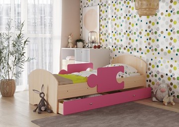 Детская кровать с ящиком и бортиками Мозайка, корпус Млечный дуб/фасад Розовый (ламели) в Белгороде