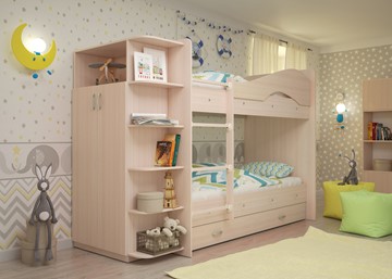 Детская двухэтажная кровать Мая на щитах со шкафом и ящиками, цвет Млечный дуб в Старом Осколе - предосмотр