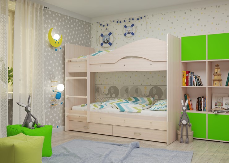 Детская двухэтажная кровать Мая на щитах со шкафом и ящиками, цвет Млечный дуб в Белгороде - изображение 1