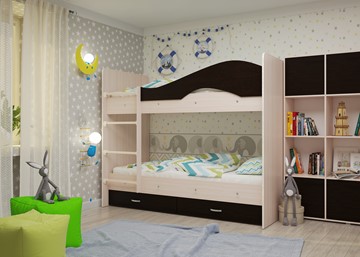 Детская двухъярусная кровать Мая на щитах со шкафом и ящиками, корпус Млечный дуб, фасад Венге в Белгороде - предосмотр 1