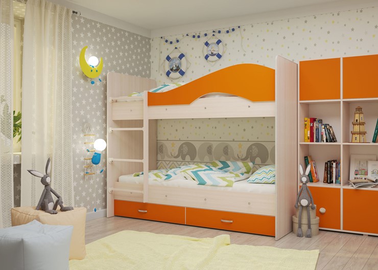 Кровать 2-ярусная Мая с 2 ящиками на щитах, корпус Млечный дуб, фасад Оранжевый в Белгороде - изображение 3