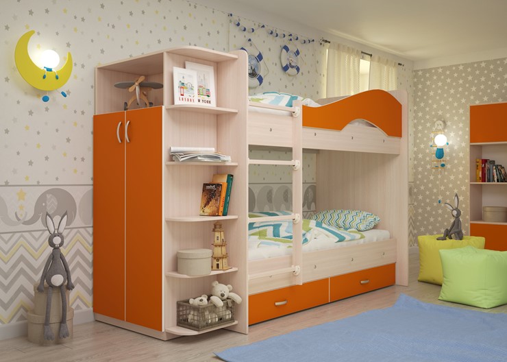 Кровать 2-ярусная Мая с 2 ящиками на щитах, корпус Млечный дуб, фасад Оранжевый в Старом Осколе - изображение 1