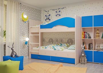 Двухэтажная детская кровать Мая с 2 ящиками на щитах, корпус Млечный дуб, фасад Синий в Старом Осколе - предосмотр 3