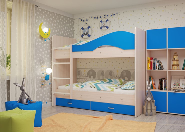Двухэтажная детская кровать Мая с 2 ящиками на щитах, корпус Млечный дуб, фасад Синий в Белгороде - изображение 3