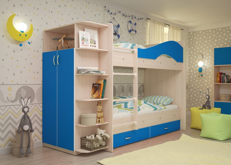 Двухэтажная детская кровать Мая с 2 ящиками на щитах, корпус Млечный дуб, фасад Синий в Старом Осколе - изображение 1