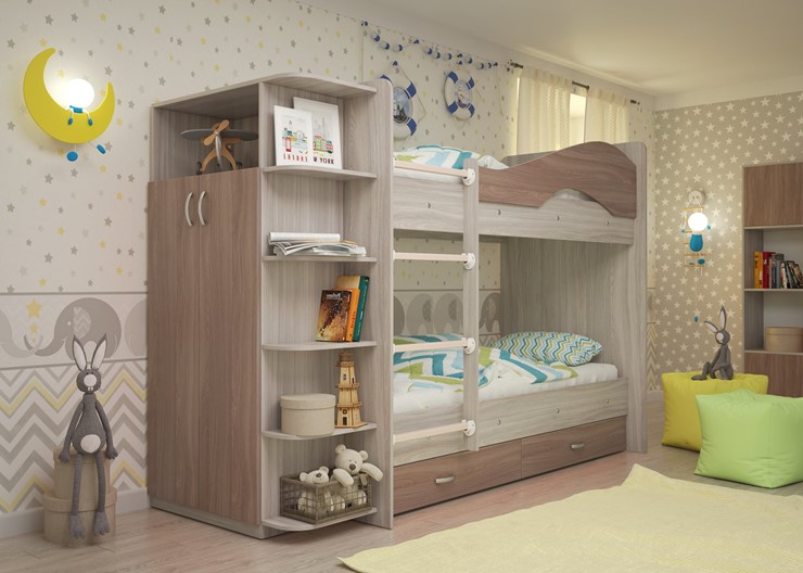 Двухъярусная детская кровать Мая с 2 ящиками на щитах, корпус Шимо светлый, фасад Шимо темный в Старом Осколе - изображение 1