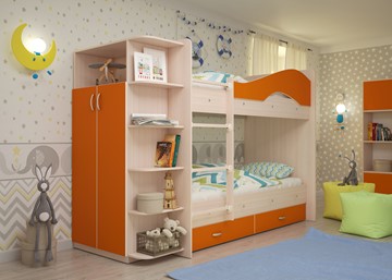 Двухъярусная кровать Мая на щитах со шкафом и ящиками, корпус Млечный дуб, фасад Оранжевый в Старом Осколе
