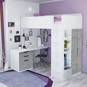 Детская кровать с письменным столом и шкафом POLINI Kids Simple Белый / Бетон в Белгороде - предосмотр 1
