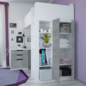 Детская кровать с письменным столом и шкафом POLINI Kids Simple Белый / Бетон в Белгороде - предосмотр 2