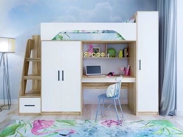 Детская кровать-чердак с шкафом Тея, каркас Ясень, фасад Белый в Белгороде - предосмотр