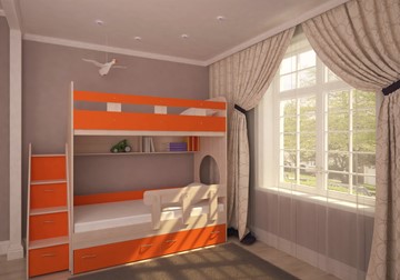 Детская двухэтажная кровать Юниор-1 с бортом, каркас Дуб, фасад Оранжевый в Белгороде - предосмотр