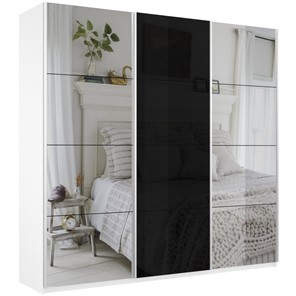 Шкаф 3-х створчатый Широкий Прайм (2 Зеркала / Стекло черное) 2400x570x2300, Белый Снег в Белгороде