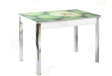 Кухонный раскладной стол Айсберг-01 СТФ, белый/фотопечать зеленые яблоки/ноги хром квадратные в Белгороде