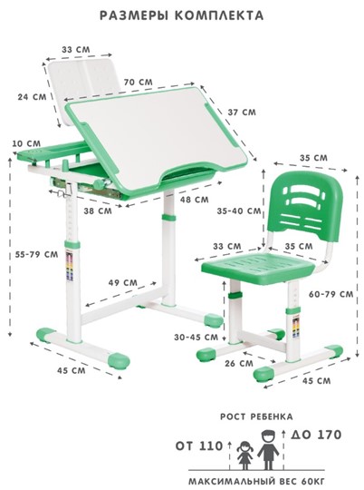 Растущие парта + стул SET HOLTO-17А, зеленый в Белгороде - изображение 11